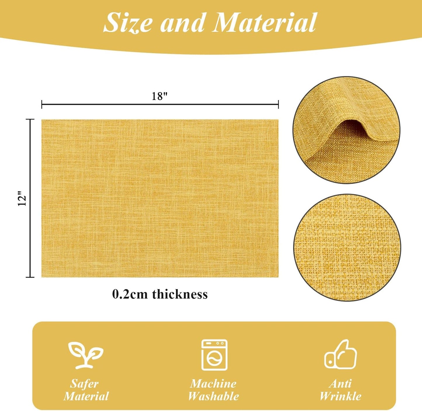 Woven Fabric Placemats Set of 4 Heat Resistant Place Mats Non Slip Washable Double Layer Cloth Placemats Reversible Table Mats Kitchen Dining Table Decor (4, Yellow)