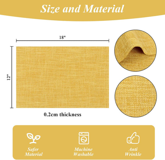 Woven Fabric Placemats Set of 4 Heat Resistant Place Mats Non Slip Washable Double Layer Cloth Placemats Reversible Table Mats Kitchen Dining Table Decor (4, Yellow)