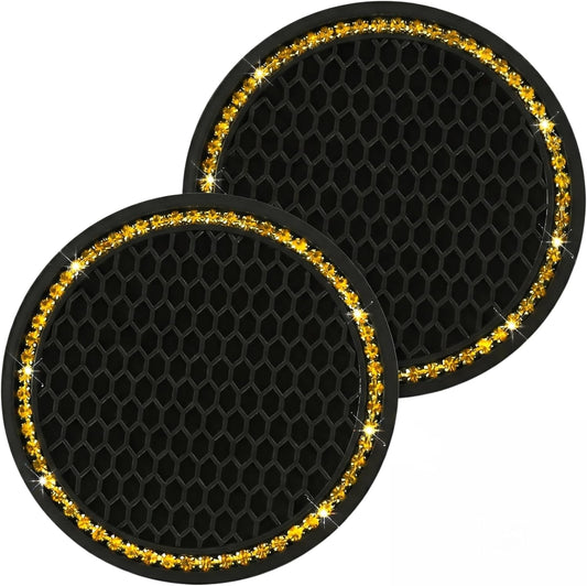 2 PCS Bling Car Cup Holder Coasters, Rhinestone Border Honeycomb Anti-slip Design, Thickened Silicone Drink Mat, Universal for Most Cars, Trucks, SUVs (Yellow & Black)