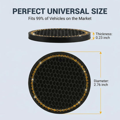 2 PCS Bling Car Cup Holder Coasters, Rhinestone Border Honeycomb Anti-slip Design, Thickened Silicone Drink Mat, Universal for Most Cars, Trucks, SUVs (Yellow & Black)