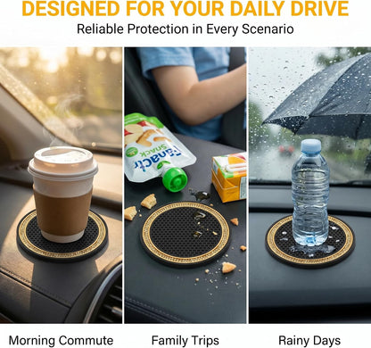 2 PCS Bling Car Cup Holder Coasters, Rhinestone Border Honeycomb Anti-slip Design, Thickened Silicone Drink Mat, Universal for Most Cars, Trucks, SUVs (Yellow & Black)