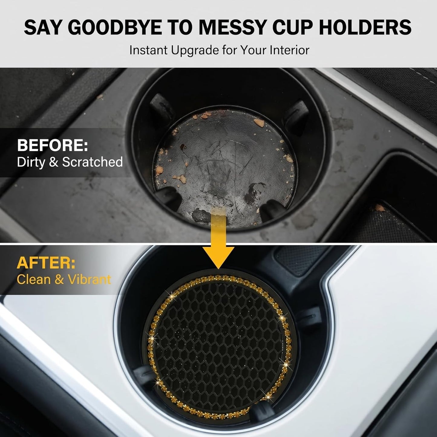 2 PCS Bling Car Cup Holder Coasters, Rhinestone Border Honeycomb Anti-slip Design, Thickened Silicone Drink Mat, Universal for Most Cars, Trucks, SUVs (Yellow & Black)