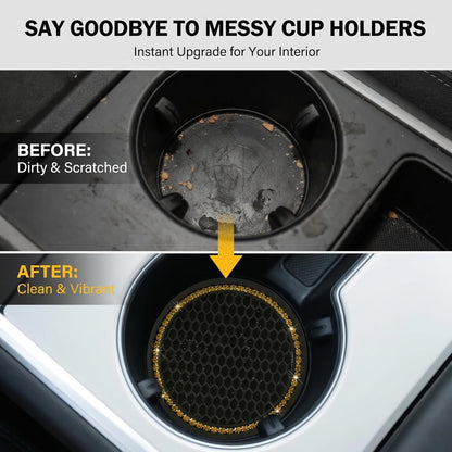 2 PCS Bling Car Cup Holder Coasters, Rhinestone Border Honeycomb Anti-slip Design, Thickened Silicone Drink Mat, Universal for Most Cars, Trucks, SUVs (Yellow & Black)