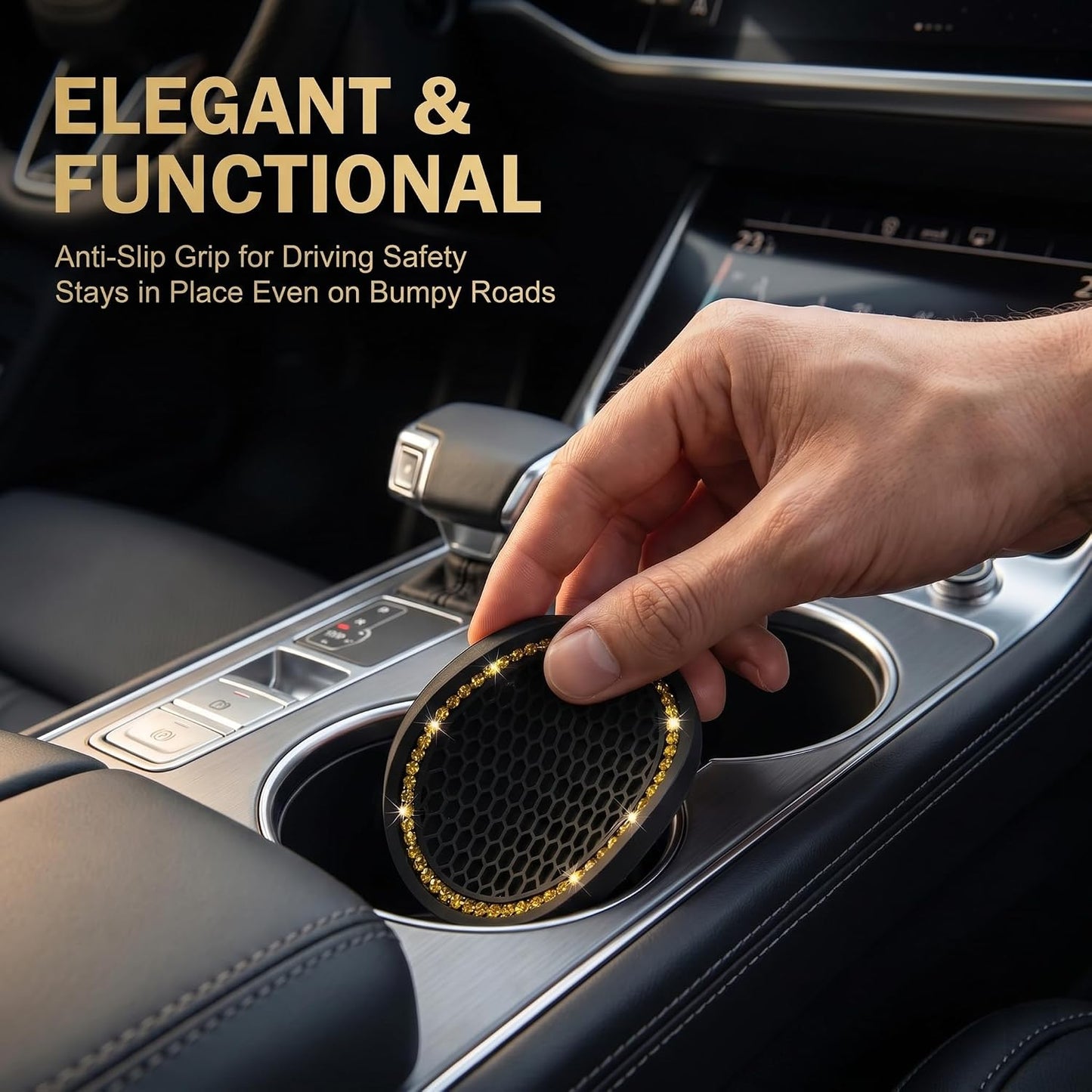2 PCS Bling Car Cup Holder Coasters, Rhinestone Border Honeycomb Anti-slip Design, Thickened Silicone Drink Mat, Universal for Most Cars, Trucks, SUVs (Yellow & Black)