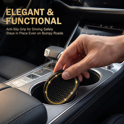 2 PCS Bling Car Cup Holder Coasters, Rhinestone Border Honeycomb Anti-slip Design, Thickened Silicone Drink Mat, Universal for Most Cars, Trucks, SUVs (Yellow & Black)