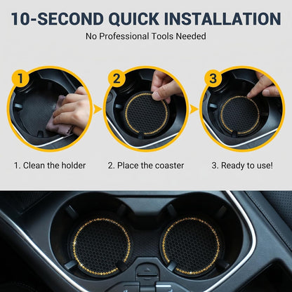2 PCS Bling Car Cup Holder Coasters, Rhinestone Border Honeycomb Anti-slip Design, Thickened Silicone Drink Mat, Universal for Most Cars, Trucks, SUVs (Yellow & Black)