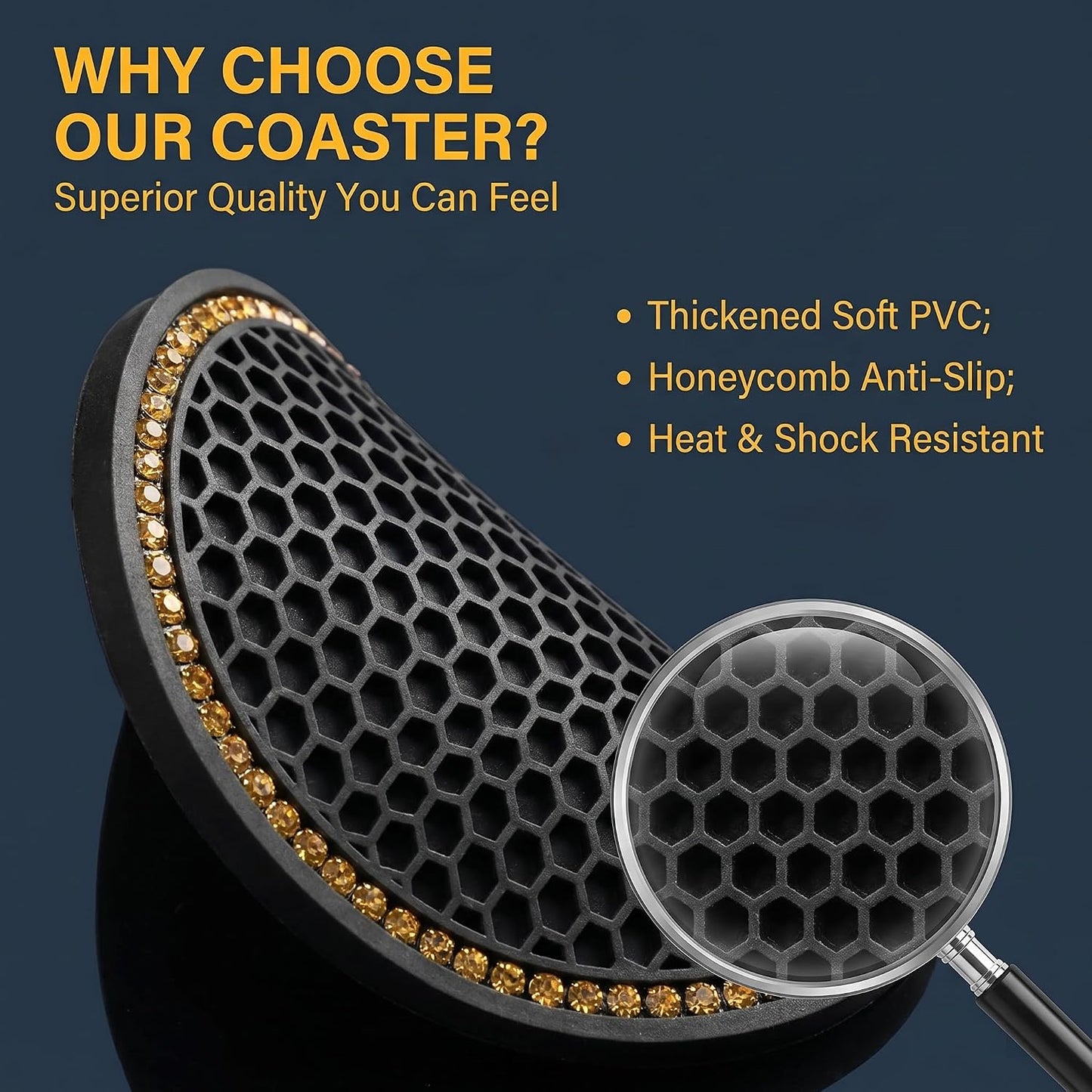 2 PCS Bling Car Cup Holder Coasters, Rhinestone Border Honeycomb Anti-slip Design, Thickened Silicone Drink Mat, Universal for Most Cars, Trucks, SUVs (Yellow & Black)
