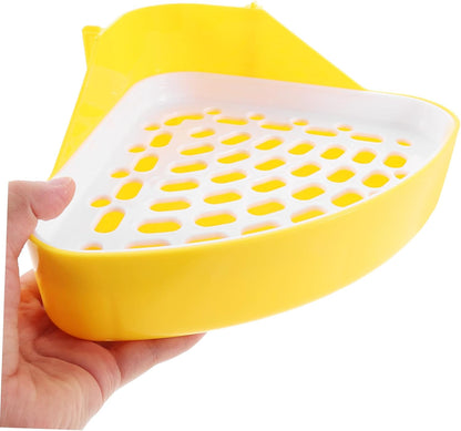 Small Animal Plastic Litter Box with Bottom Net Sturdy Bunny Potty for Rabbits Guinea Pigs Hamsters Odor Pet Toilet Tray in Yellow for Cage Training
