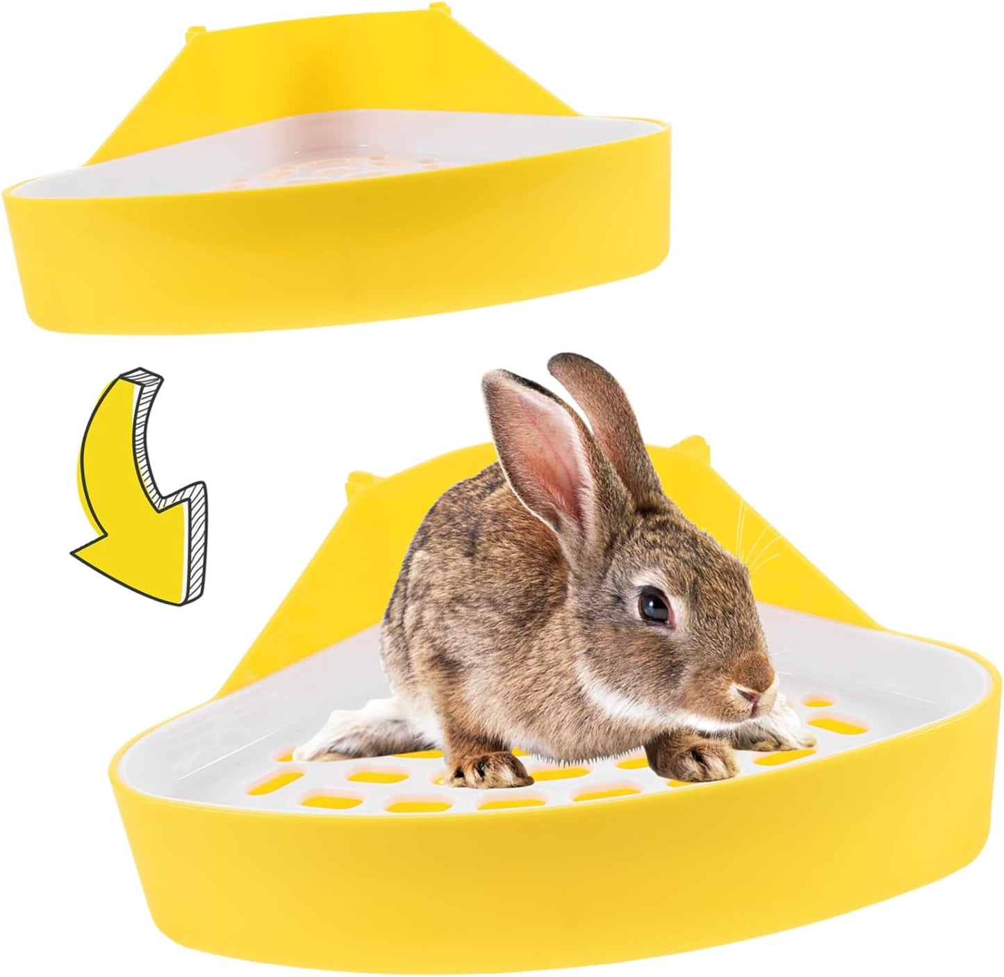 Small Animal Plastic Litter Box with Bottom Net Sturdy Bunny Potty for Rabbits Guinea Pigs Hamsters Odor Pet Toilet Tray in Yellow for Cage Training