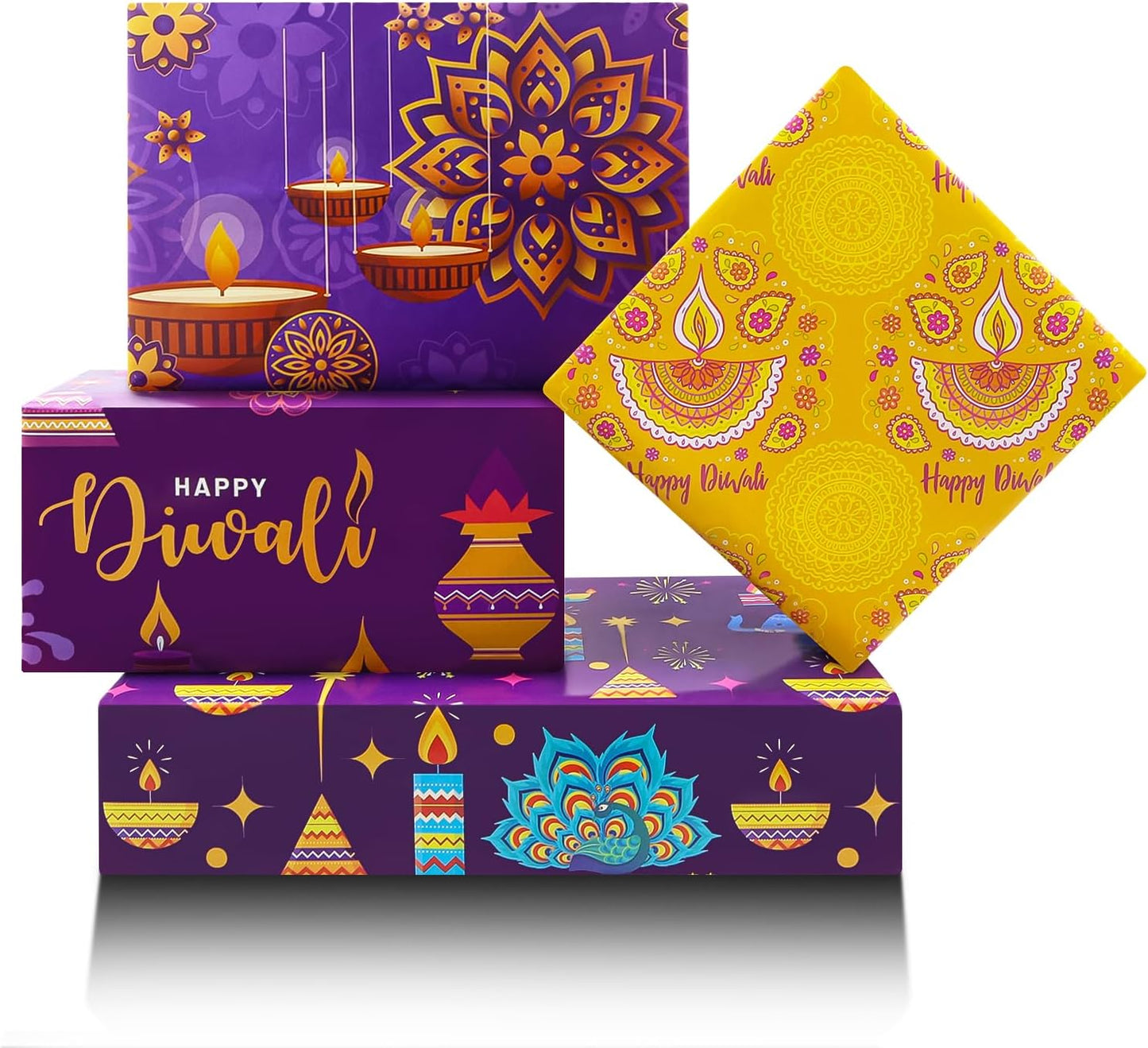 Diwali Wrapping Paper,Deepavali Wrapping Paper 4 PCS 4 Designs,Purple Yellow Rangoli Lantern Diya Gift Wrap Paper for Diwali Deepavali Hindu Festival of Lights India Party DIY Craft