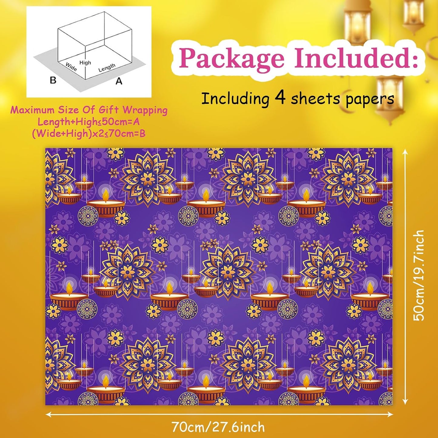 Diwali Wrapping Paper,Deepavali Wrapping Paper 4 PCS 4 Designs,Purple Yellow Rangoli Lantern Diya Gift Wrap Paper for Diwali Deepavali Hindu Festival of Lights India Party DIY Craft