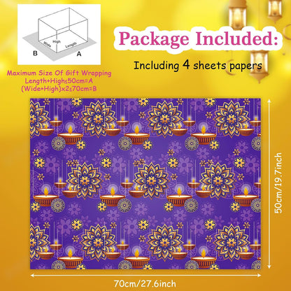 Diwali Wrapping Paper,Deepavali Wrapping Paper 4 PCS 4 Designs,Purple Yellow Rangoli Lantern Diya Gift Wrap Paper for Diwali Deepavali Hindu Festival of Lights India Party DIY Craft