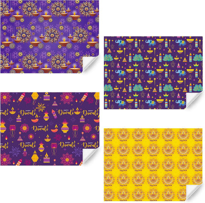 Diwali Wrapping Paper,Deepavali Wrapping Paper 4 PCS 4 Designs,Purple Yellow Rangoli Lantern Diya Gift Wrap Paper for Diwali Deepavali Hindu Festival of Lights India Party DIY Craft