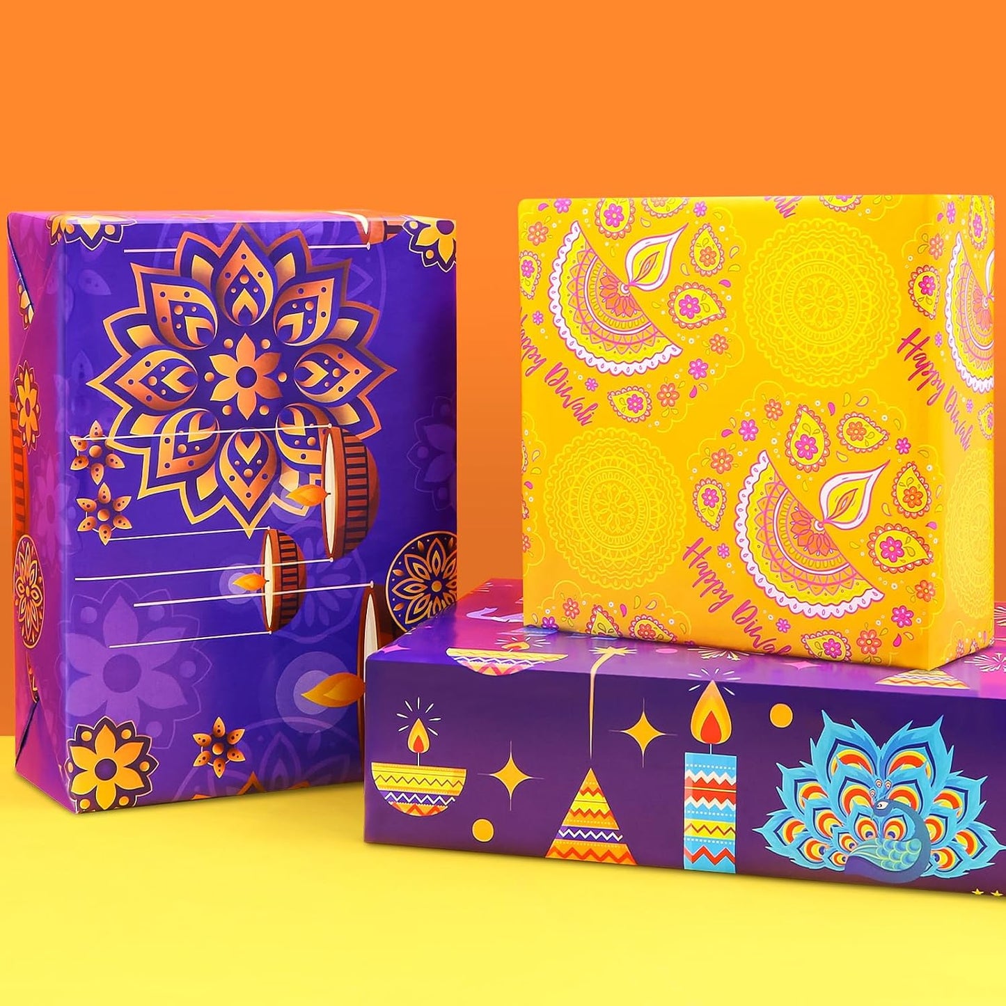 Diwali Wrapping Paper,Deepavali Wrapping Paper 4 PCS 4 Designs,Purple Yellow Rangoli Lantern Diya Gift Wrap Paper for Diwali Deepavali Hindu Festival of Lights India Party DIY Craft