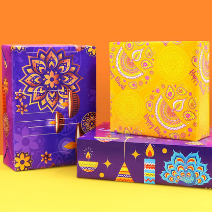 Diwali Wrapping Paper,Deepavali Wrapping Paper 4 PCS 4 Designs,Purple Yellow Rangoli Lantern Diya Gift Wrap Paper for Diwali Deepavali Hindu Festival of Lights India Party DIY Craft