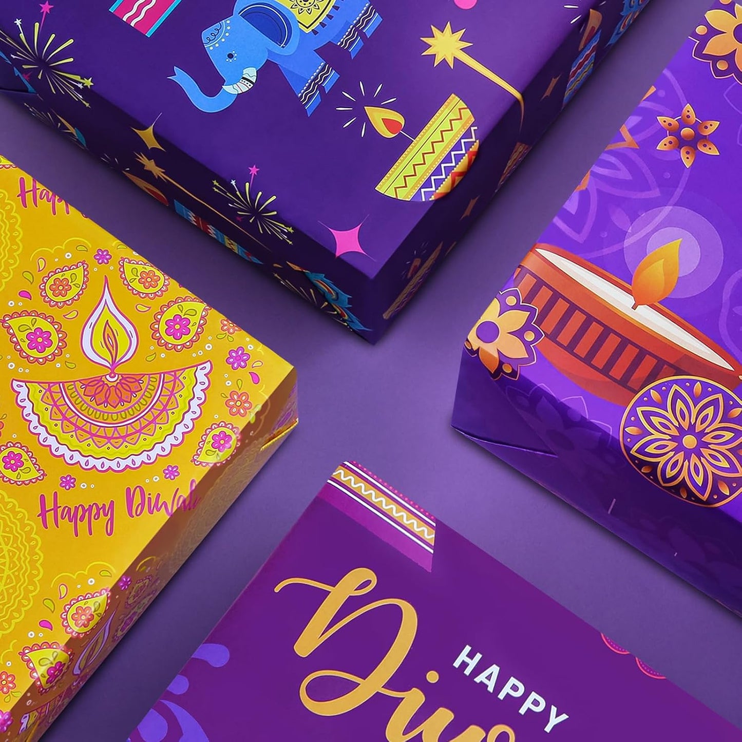 Diwali Wrapping Paper,Deepavali Wrapping Paper 4 PCS 4 Designs,Purple Yellow Rangoli Lantern Diya Gift Wrap Paper for Diwali Deepavali Hindu Festival of Lights India Party DIY Craft