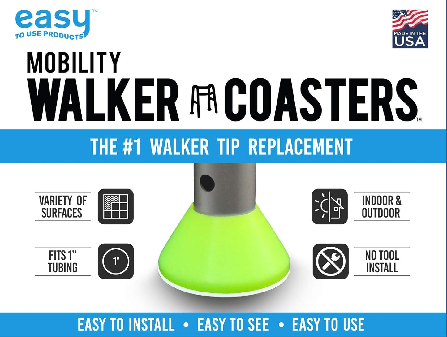 Easy Walker Coasters 6 Pack - Durable Tennis Ball Alternative, Yellow