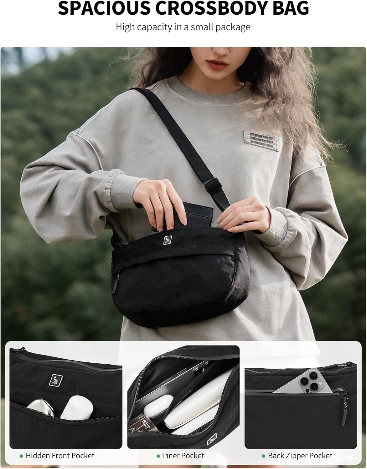 Nylon Small Crossbody Bag Lightweight Crescent Bag Shoulder Bag with Waterproof Zippers Adjustable Strap