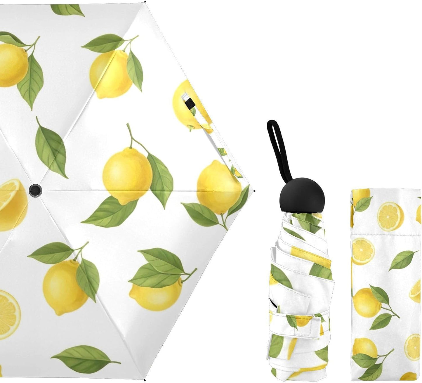 Travel Umbrella Windproof Compact Umbrella, Umbrellas for Backpacks/Handbags, Sun, Yellow Lemons Green Leaves White