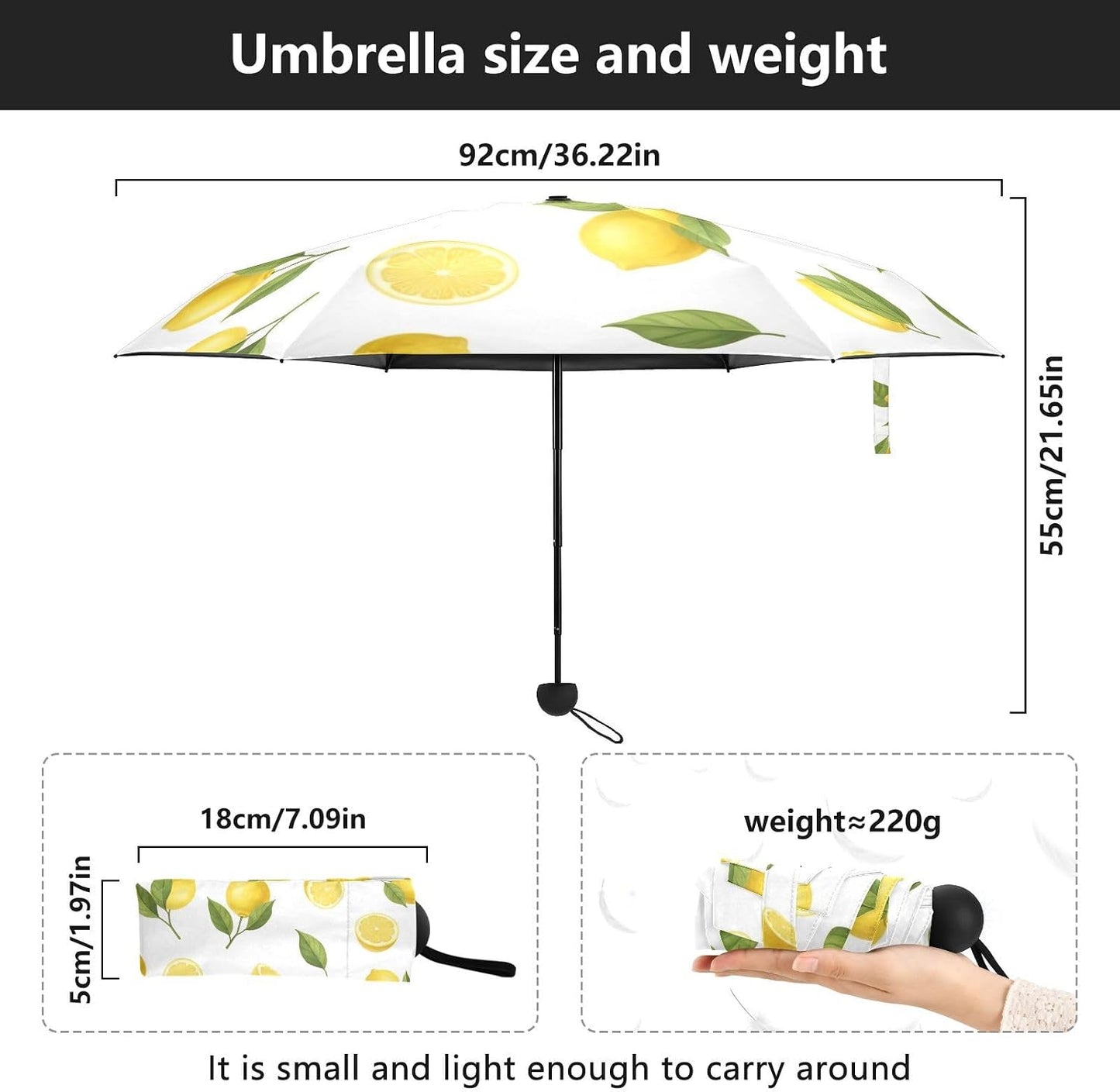 Travel Umbrella Windproof Compact Umbrella, Umbrellas for Backpacks/Handbags, Sun, Yellow Lemons Green Leaves White