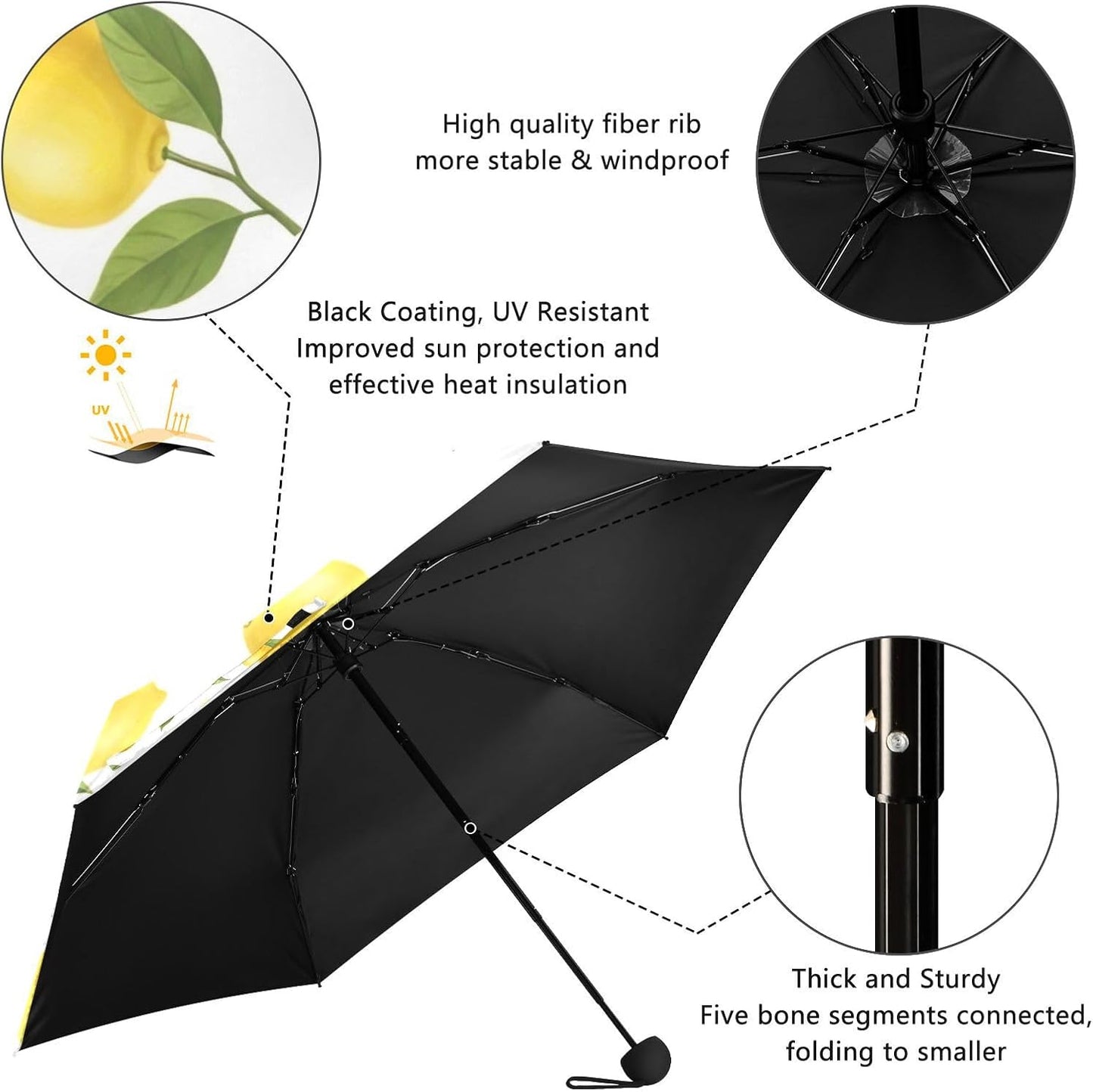 Travel Umbrella Windproof Compact Umbrella, Umbrellas for Backpacks/Handbags, Sun, Yellow Lemons Green Leaves White