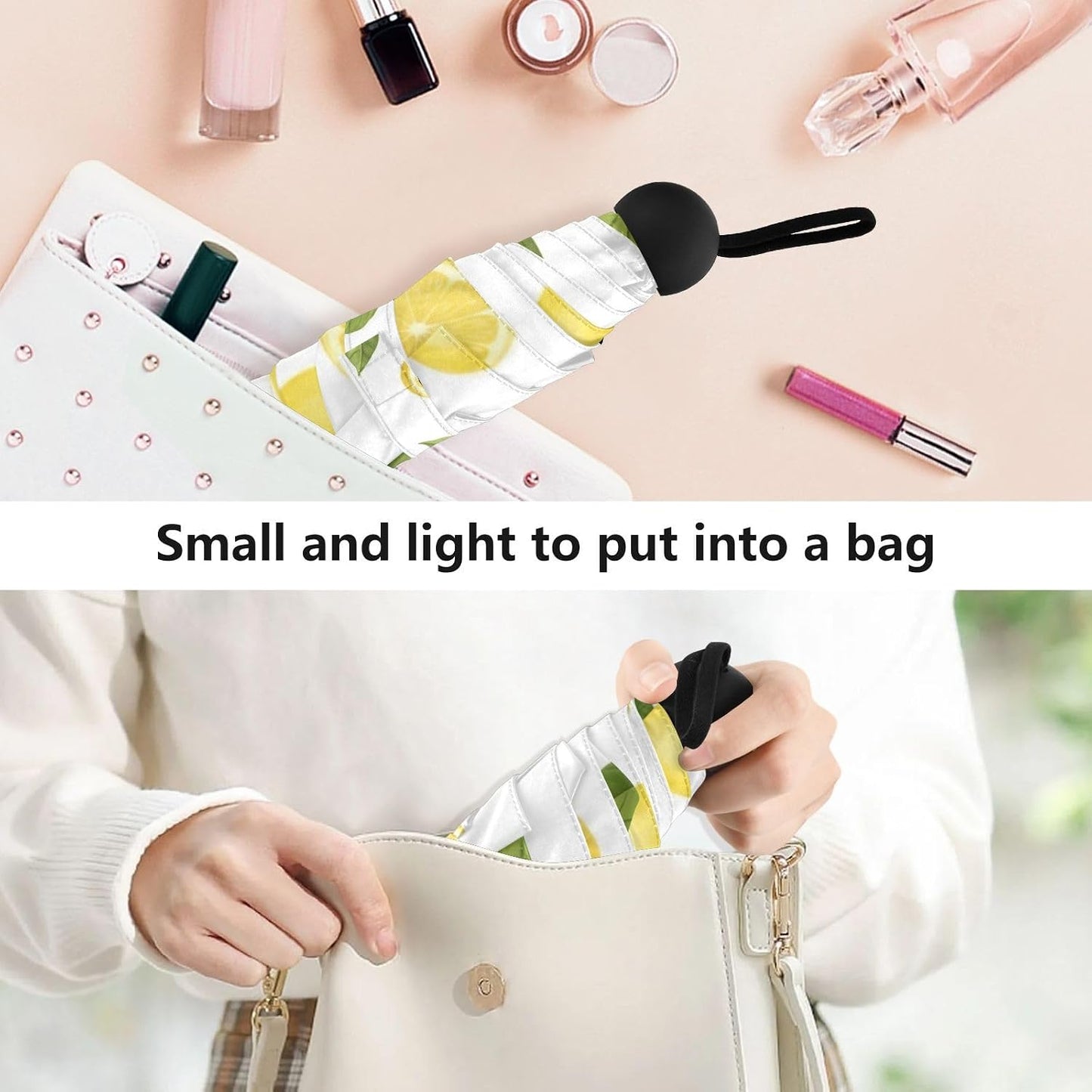 Travel Umbrella Windproof Compact Umbrella, Umbrellas for Backpacks/Handbags, Sun, Yellow Lemons Green Leaves White