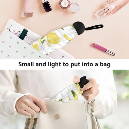 Travel Umbrella Windproof Compact Umbrella, Umbrellas for Backpacks/Handbags, Sun, Yellow Lemons Green Leaves White