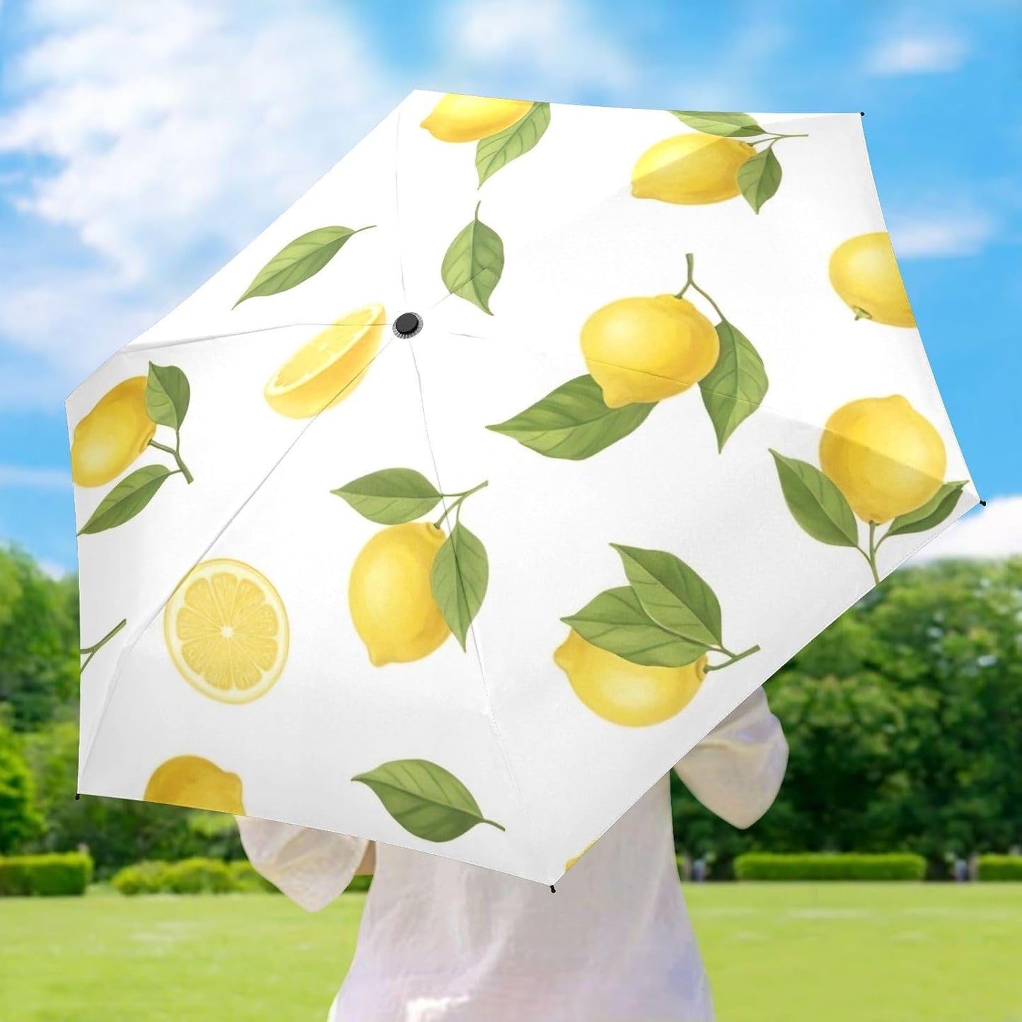 Travel Umbrella Windproof Compact Umbrella, Umbrellas for Backpacks/Handbags, Sun, Yellow Lemons Green Leaves White