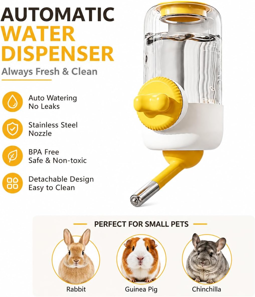 Pet Water Dispenser, 30oz/900ml Large Capacity Guinea Pig Water Bottle | Automatic Hanging Rabbit Bunny Water Dispenser for Cage Small Animal Water Bottle（Water Dispenser only, Yellow)