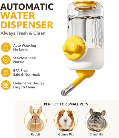 Pet Water Dispenser, 30oz/900ml Large Capacity Guinea Pig Water Bottle | Automatic Hanging Rabbit Bunny Water Dispenser for Cage Small Animal Water Bottle（Water Dispenser only, Yellow)
