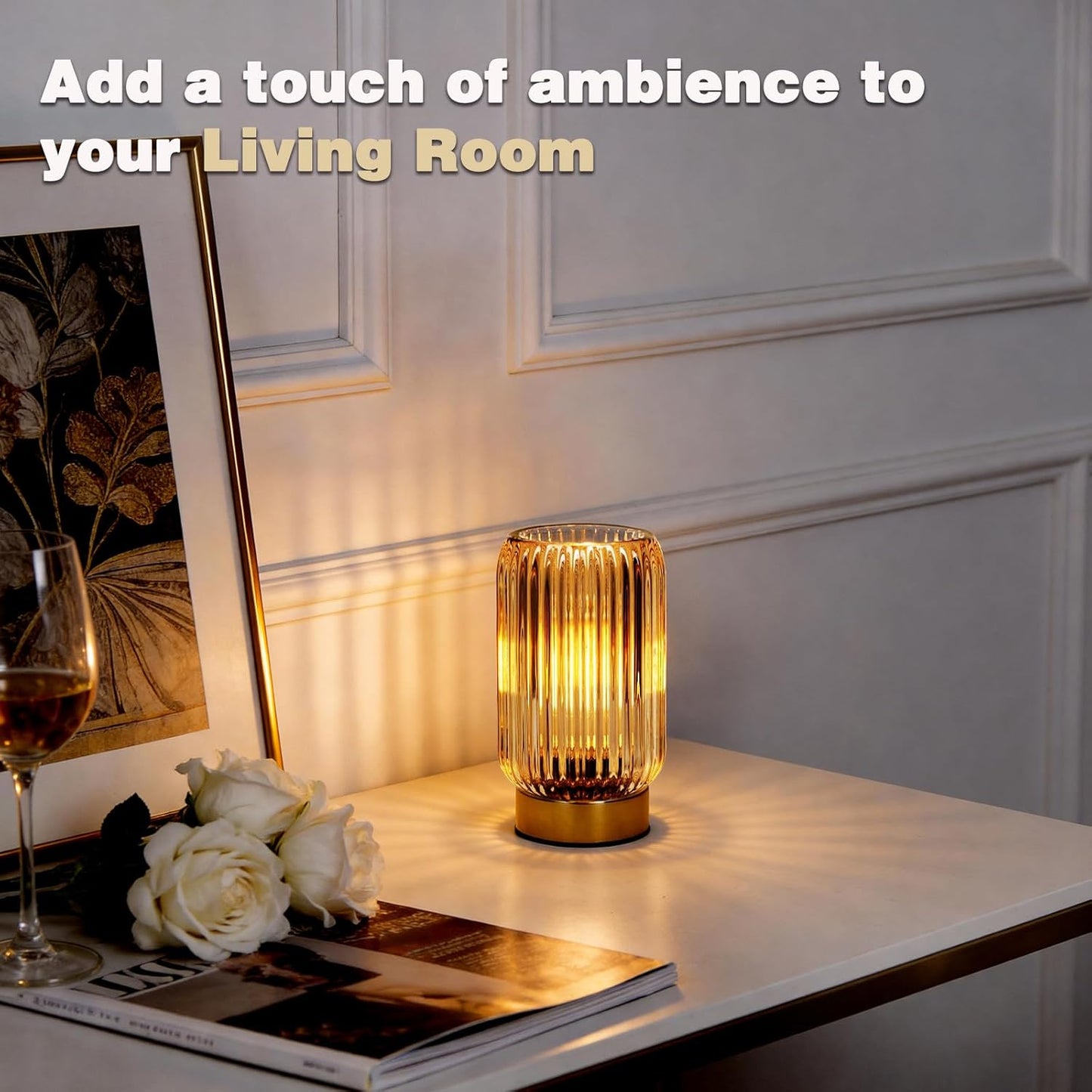 Cordless Lamp, Battery Operated Lamp with Timer, Yellow Glass Lampshade, Small Table Lamps for Area No Plug, Decorative Led Light for Bedroom Living Room Shelf (Yellow)