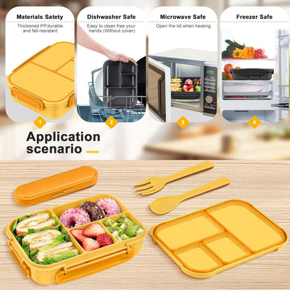 Lunch Box Kids,Bento Box Adult,Leakproof Lunch Containers for Adults/Kids/Toddler,1200ML-4 Compartments bento Lunch box with Utensil,Microwave & Dishwasher & Freezer Safe (Yellow)