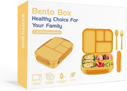 Lunch Box Kids,Bento Box Adult,Leakproof Lunch Containers for Adults/Kids/Toddler,1200ML-4 Compartments bento Lunch box with Utensil,Microwave & Dishwasher & Freezer Safe (Yellow)