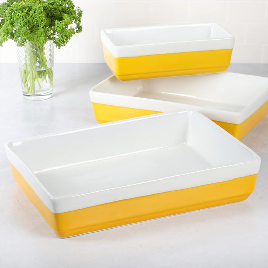 3-Piece Oven to Table Stoneware Bakeware Set – Baking Dish & Casserole Set – Yellow – Durable Oven-Safe Bakeware for Baking and Serving