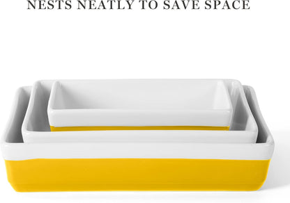 3-Piece Oven to Table Stoneware Bakeware Set – Baking Dish & Casserole Set – Yellow – Durable Oven-Safe Bakeware for Baking and Serving