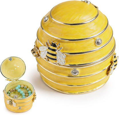 Yellow Bee Hive Enamel Metal Trinket Box, Vintage Small Keepsake Box for Jewelry