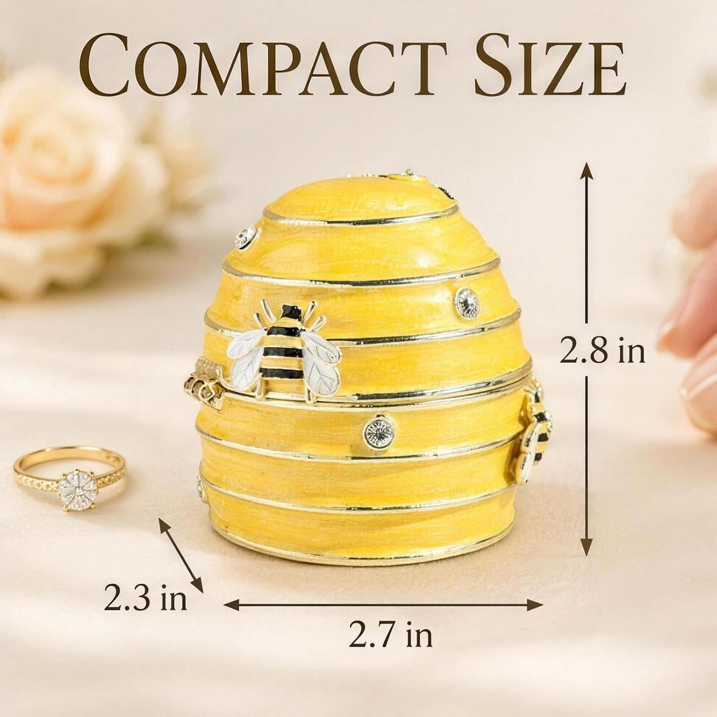 Yellow Bee Hive Enamel Metal Trinket Box, Vintage Small Keepsake Box for Jewelry
