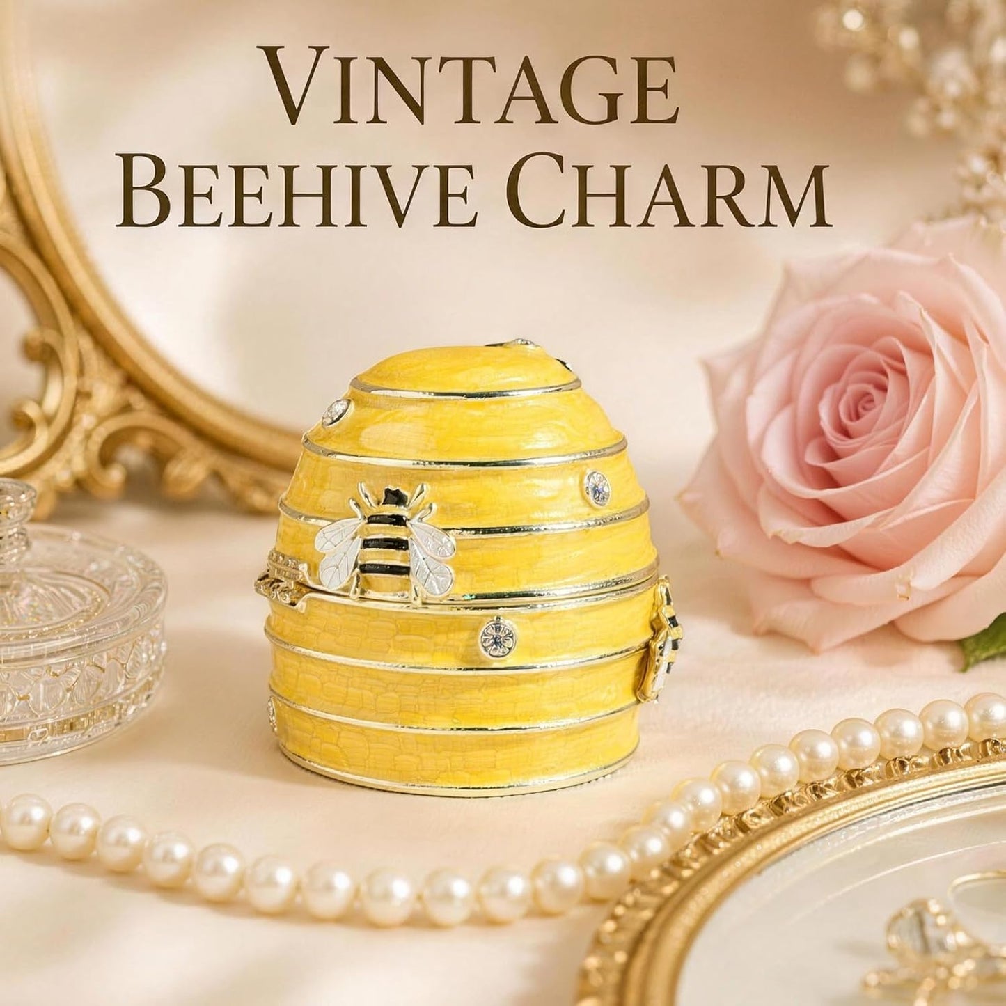 Yellow Bee Hive Enamel Metal Trinket Box, Vintage Small Keepsake Box for Jewelry