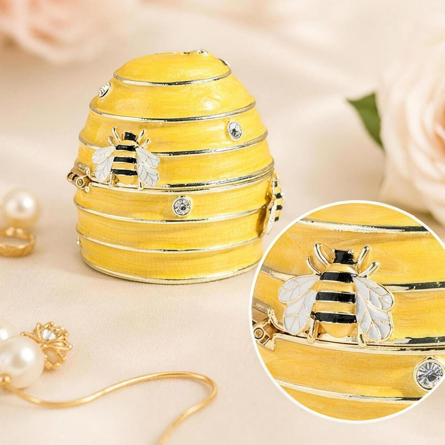 Yellow Bee Hive Enamel Metal Trinket Box, Vintage Small Keepsake Box for Jewelry
