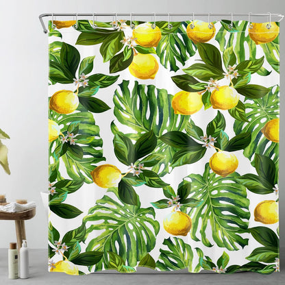 Lemon Shower Curtain, Yellow Fruit Lemon and Green Monstera Leaves Shower Curtain with Hooks, Tropical Plant Bath Curtain Polyester Fabric Bathroom Decor Accessories, 72X72 Inches