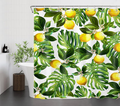 Lemon Shower Curtain, Yellow Fruit Lemon and Green Monstera Leaves Shower Curtain with Hooks, Tropical Plant Bath Curtain Polyester Fabric Bathroom Decor Accessories, 72X72 Inches