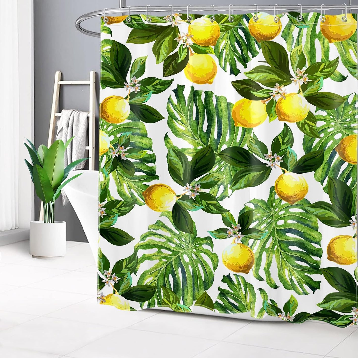 Lemon Shower Curtain, Yellow Fruit Lemon and Green Monstera Leaves Shower Curtain with Hooks, Tropical Plant Bath Curtain Polyester Fabric Bathroom Decor Accessories, 72X72 Inches