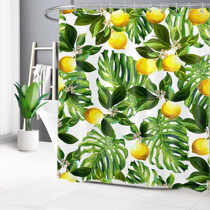 Lemon Shower Curtain, Yellow Fruit Lemon and Green Monstera Leaves Shower Curtain with Hooks, Tropical Plant Bath Curtain Polyester Fabric Bathroom Decor Accessories, 72X72 Inches