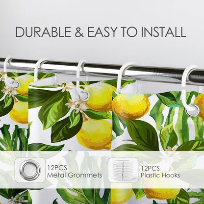 Lemon Shower Curtain, Yellow Fruit Lemon and Green Monstera Leaves Shower Curtain with Hooks, Tropical Plant Bath Curtain Polyester Fabric Bathroom Decor Accessories, 72X72 Inches