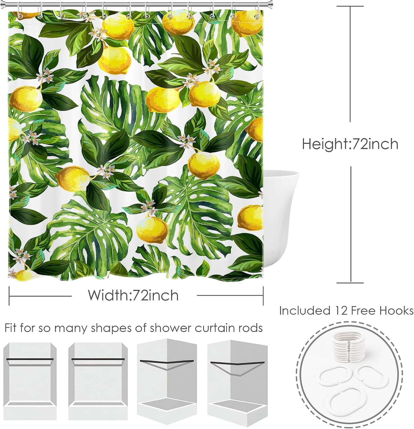 Lemon Shower Curtain, Yellow Fruit Lemon and Green Monstera Leaves Shower Curtain with Hooks, Tropical Plant Bath Curtain Polyester Fabric Bathroom Decor Accessories, 72X72 Inches