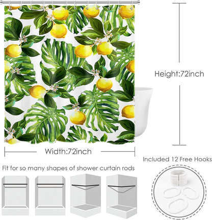 Lemon Shower Curtain, Yellow Fruit Lemon and Green Monstera Leaves Shower Curtain with Hooks, Tropical Plant Bath Curtain Polyester Fabric Bathroom Decor Accessories, 72X72 Inches