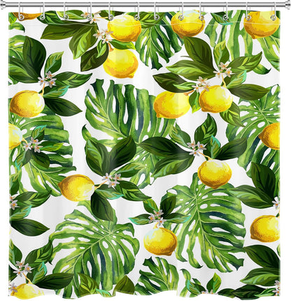 Lemon Shower Curtain, Yellow Fruit Lemon and Green Monstera Leaves Shower Curtain with Hooks, Tropical Plant Bath Curtain Polyester Fabric Bathroom Decor Accessories, 72X72 Inches