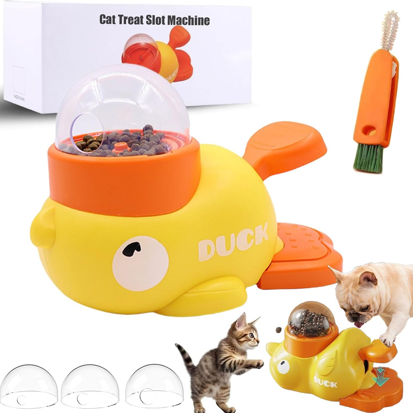 Cat Treat Slot Machine, Nonslip Cat Slot Machine Treat Dispenser, Interactive Duck Frenchie Toy, Durable Adjustable Slow Feeder Toy, Cats Treat Dispenser for Small & Medium Dogs/Cats/Pets (Yellow*1)