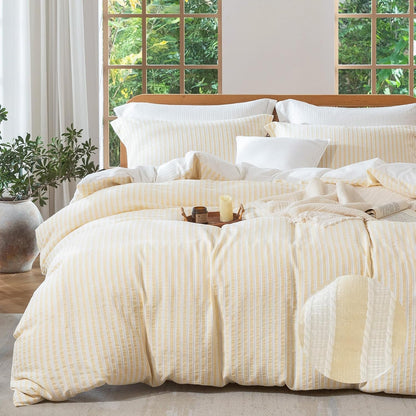 Yellow Striped Duvet Cover - 100% Washed Cotton Boho Jacquard Textured Comforter Cover Set 2pcs with Dual Zipper Closure & 8 Corner Ties Soft & Lightweight for All Season 68"x90"