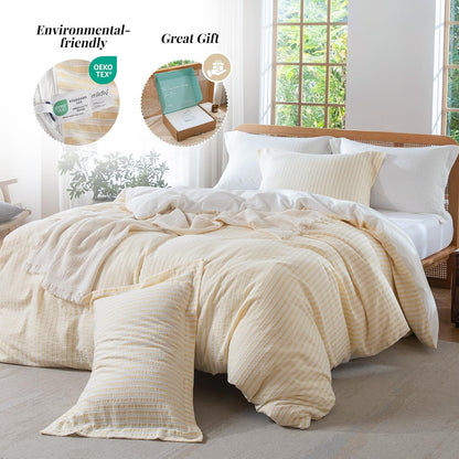 Yellow Striped Duvet Cover - 100% Washed Cotton Boho Jacquard Textured Comforter Cover Set 2pcs with Dual Zipper Closure & 8 Corner Ties Soft & Lightweight for All Season 68"x90"